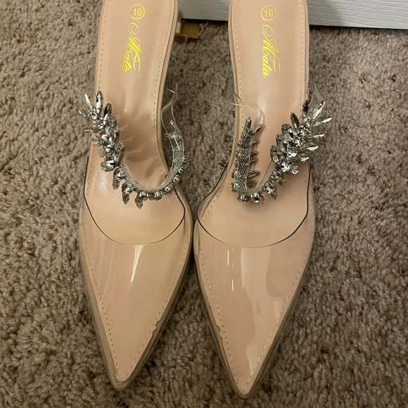 Lulus Micaela Light Nude Clear Rhinestone Pointed-Toe Mule Pumps - Picture 2 of 3